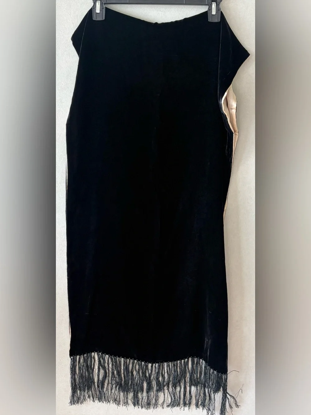 Gorgeous black velvet with cream satin underside fringe shaw wrap.